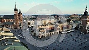 Market Square from above, aerial view old city center view in Krakow with sunset