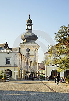 Market Square and clock tower in Krosno. Poland