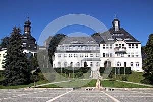 Market square of Klingenthal, a village in Vogtland region of Saxony, Germany. It is famous as a musical instrument-making region