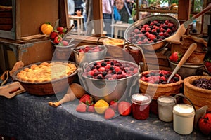 market stall displaying various berry cobblers