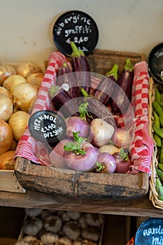 Market stall with graffiti eggplant or aubergine and turnip in a basket