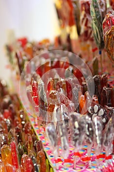 Market stall with hand made lollipops, shopping, traditional ukrainian sweets