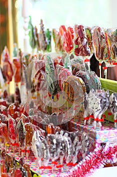 Market stall with hand made lollipops, shopping, traditional ukrainian sweets