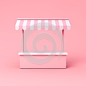 Market stall kiosk stand exhibition booth shop store with product shelf counter or display shop stand with pink striped awning