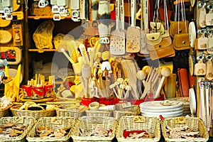 Market stall kitchen utensils and leather goods