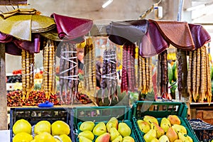 Market stall in Kutaisi Central Market (Green Bazaar, Mtsvane Bazari) with churchkhela, traditional Georgian sweets.