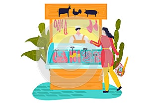 Market stall, meat products flat style, street shop, beef from farm, fresh pork, cartoon vector illustration, isolated