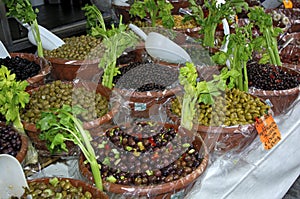 Market stall selling pickled olives