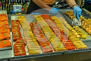 Market stall selling tipical Palestinian filo pastry in the Machane Yehuda market in Jerusalem