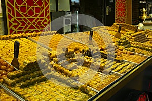 Market stall selling tipical Palestinian filo pastry in the Machane Yehuda market in Jerusalem