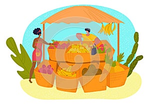 Market stall, tropical fruit set in flat style, healthy, juicy food store, retail, cartoon vector illustration, isolated