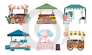 Market stalls flat vector illustrations set. Fair, funfair trade tents, outdoor kiosks and carts. Street shopping places cartoon