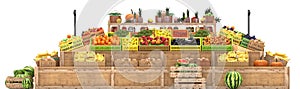 Market stalls with fruits and vegetables, fresh food, Isolated on white background, 3d render