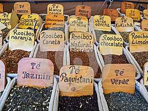 Market stand with condiments on a market in Montefrio village