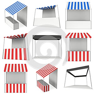 Market stand kiosk stall with striped awning for promotion sale