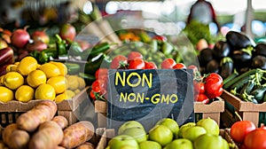 Market stand with a NON-GMO sign in the foreground, with fresh vegetables and fruits. Concept indicating the absence of