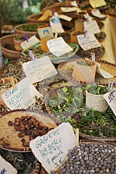 Market stand with spices and herbes  in saint paul on la reunion island