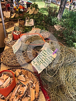 market stand with spices and herbes  in saint paul on la reunion island