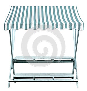 Market stand stall with blue and white striped awning
