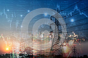 Market stock graph and information with city light and electricity and energy facility industry and business background