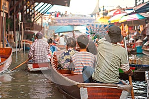 Market, tourists visiting by boat, located in Bangkok, Amphawa Floating market, Amphawa, Tourists visiting by boat, Thailand