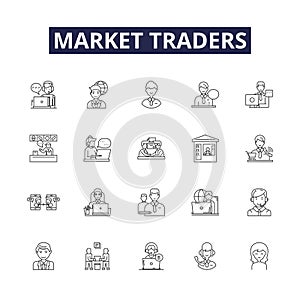 Market traders line vector icons and signs. market, vendors, retailers, dealers, stalls, hawkers, sellers,merchants photo