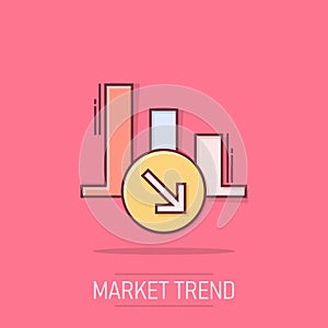 Market trend icon in comic style. Decline arrow with magnifier cartoon vector illustration on isolated background. Decrease splash