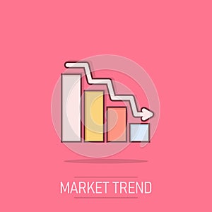 Market trend icon in comic style. Decline arrow with magnifier cartoon vector illustration on isolated background. Decrease splash