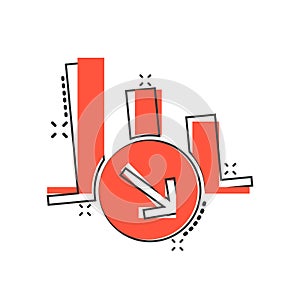 Market trend icon in comic style. Decline arrow with magnifier cartoon vector illustration on white isolated background. Decrease