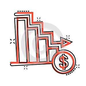 Market trend icon in comic style. Decline arrow with magnifier cartoon vector illustration on white isolated background. Decrease