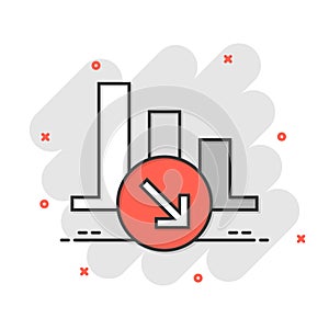 Market trend icon in comic style. Decline arrow with magnifier cartoon vector illustration on white isolated background. Decrease