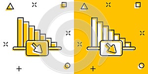 Market trend icon in comic style. Decline arrow with magnifier cartoon vector illustration on white isolated background. Decrease