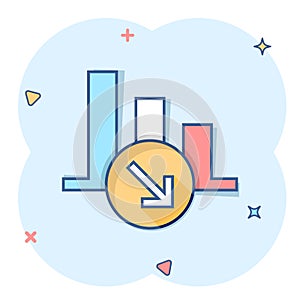 Market trend icon in comic style. Decline arrow with magnifier cartoon vector illustration on white isolated background. Decrease