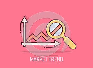 Market trend icon in comic style. Growth arrow with magnifier cartoon vector illustration on isolated background. Increase splash