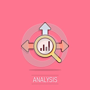 Market trend icon in comic style. Growth arrow with magnifier cartoon vector illustration on isolated background. Increase splash