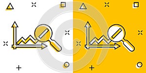 Market trend icon in comic style. Growth arrow with magnifier cartoon vector illustration on white isolated background. Increase
