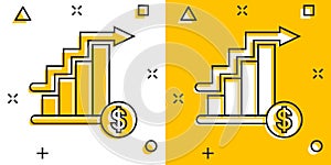 Market trend icon in comic style. Growth arrow with magnifier cartoon vector illustration on white isolated background. Increase