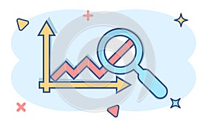 Market trend icon in comic style. Growth arrow with magnifier cartoon vector illustration on white isolated background. Increase