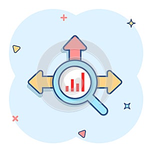 Market trend icon in comic style. Growth arrow with magnifier cartoon vector illustration on white isolated background. Increase