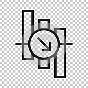 Market trend icon in flat style. Decline arrow with magnifier vector illustration on white isolated background. Decrease business