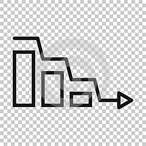 Market trend icon in flat style. Decline arrow with magnifier vector illustration on white isolated background. Decrease business