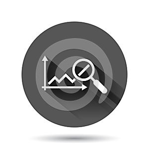 Market trend icon in flat style. Growth arrow with magnifier vector illustration on black round background with long shadow effect