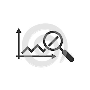 Market trend icon in flat style. Growth arrow with magnifier vector illustration on white isolated background. Increase business