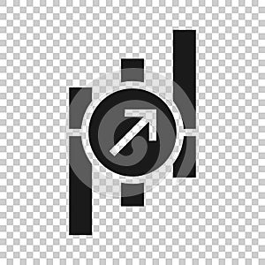 Market trend icon in flat style. Growth arrow with magnifier vector illustration on white isolated background. Increase business