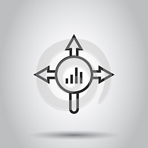 Market trend icon in flat style. Growth arrow with magnifier vector illustration on white isolated background. Increase business