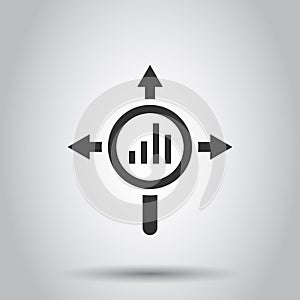 Market trend icon in flat style. Growth arrow with magnifier vector illustration on white isolated background. Increase business