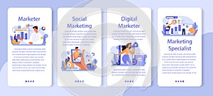 Marketer mobile application banner set. Advertising and marketing concept.