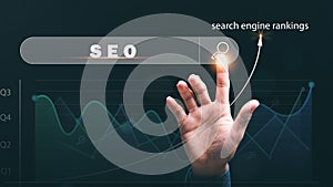 Marketer pointing at search icon and showing SEO ,optimization analysis tools, search engine rankings