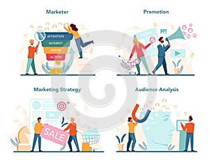 Marketer set. Advertising and marketing concept. Business strategy