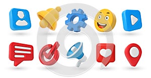 Marketing 3D icons. Location pin, check mark, yellow smile emoji and notification bell. Contacts and settings, megaphone and play